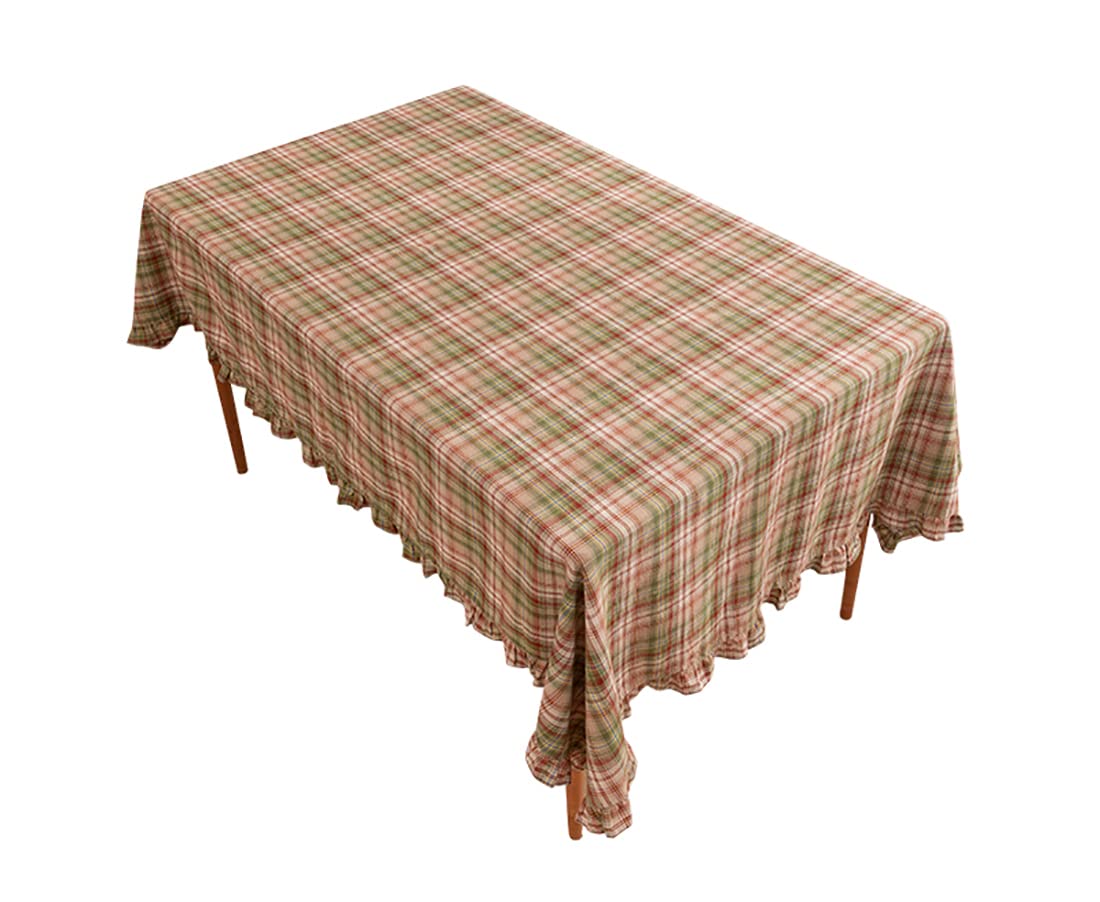 Fennco Styles Plaid Ruffled Border Cotton Woven Tablecloth 56" W x 71" L - Khaki Tartan Table Cover for Banquets, Holiday, Special Events, Home, Dining Room Décor and Everyday Use
