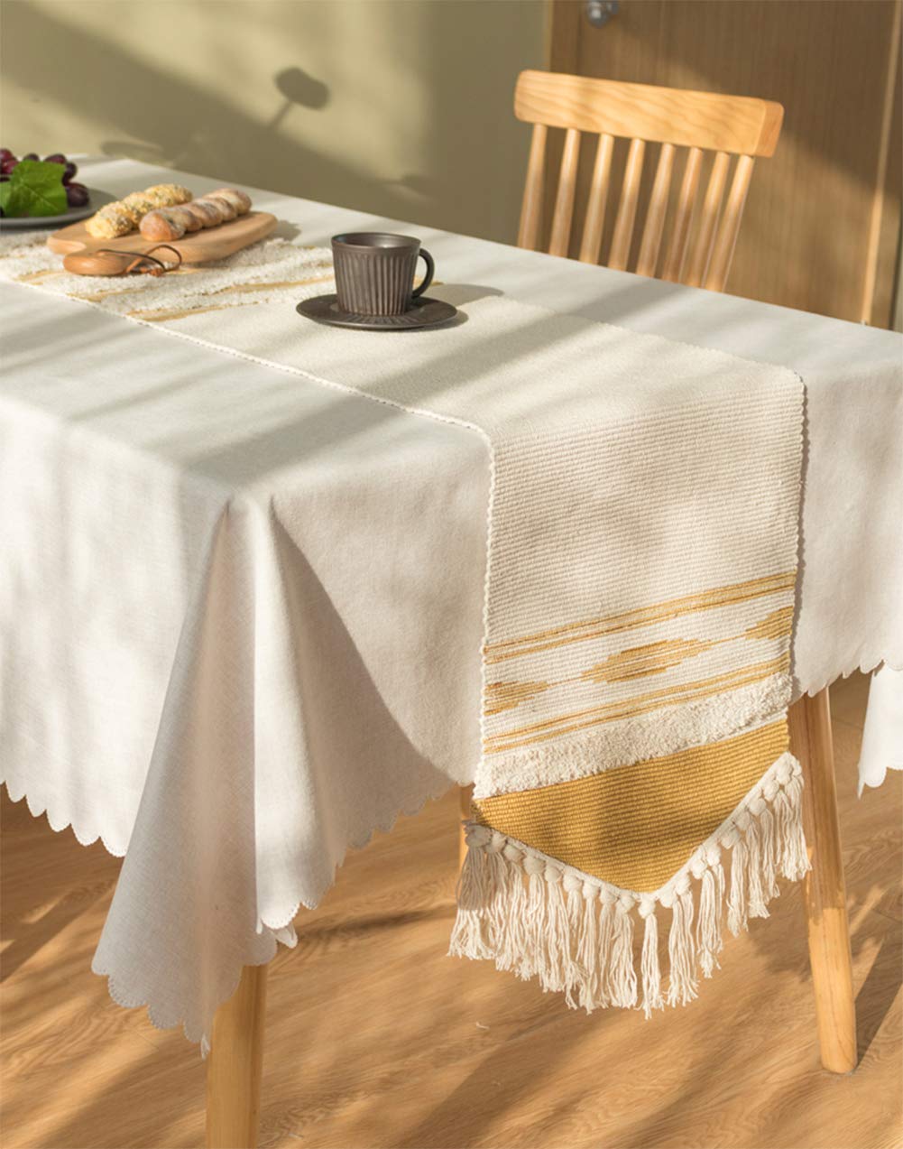 Fennco Styles Geometric Design Canvas Cotton Table Runner with Tassels – 14”W x 71”L Table Cover for Home Décor, Dining Table, Banquets, Holidays and Special Occasions