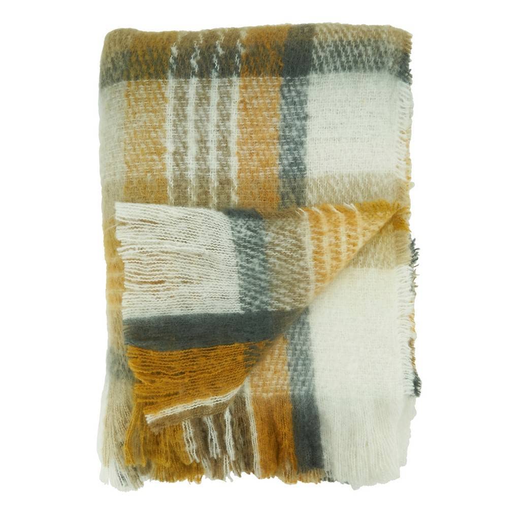 Fennco Styles Faux Mohair Check Fringed Throw Blanket 50" W x 60" L - Mustard Yellow Woven Blanket for Bed, Couch, Sofa, Home, Thanksgiving, Christmas, Holidays, and Office Décor