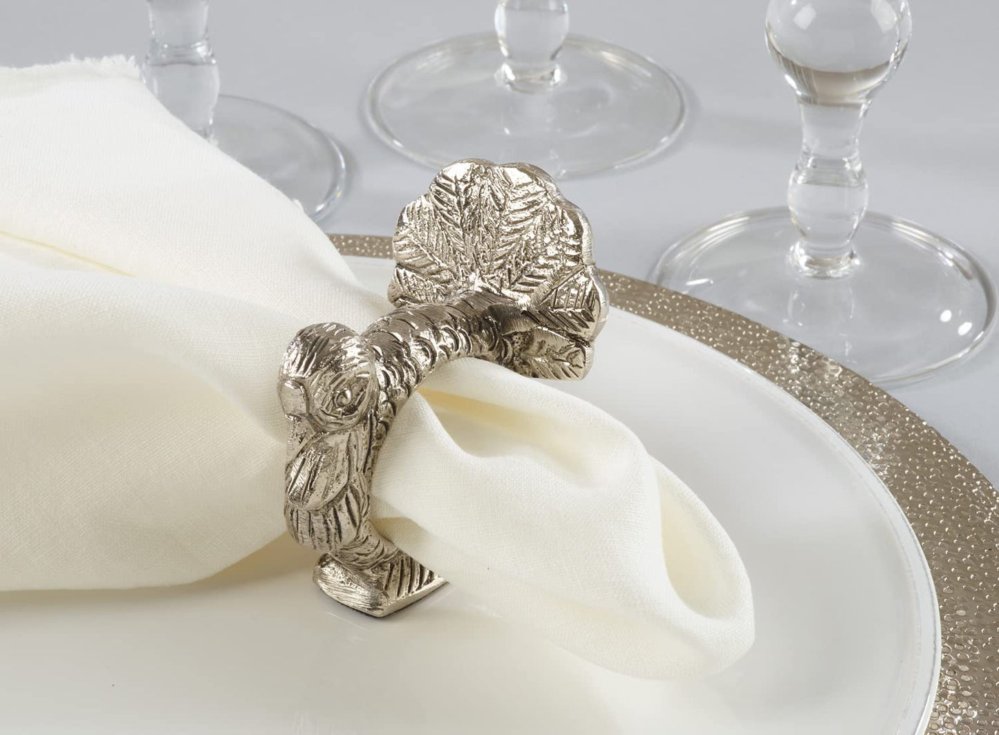 Fennco Styles Turkey Design Aluminum Decorative Napkin Rings, Set of 4 - Silver Animal Metal Napkin Holders for Home, Dining Room, Banquet, Family Gathering, Holiday and Special Occasion