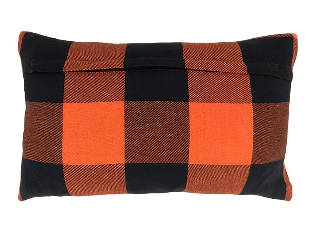 Fennco Styles Rustic Buffalo Plaid Design Cotton Decorative Throw Pillow 13 x 20 Inch - Orange Black Holiday Accent Pillow for Home, Couch, Living Room, Bedroom and Office Décor