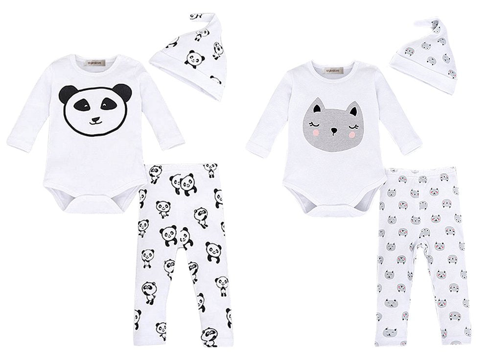 stylesilove Baby Cute Animal Print Cotton Overalls Romper, Pants and Hat 3-Piece