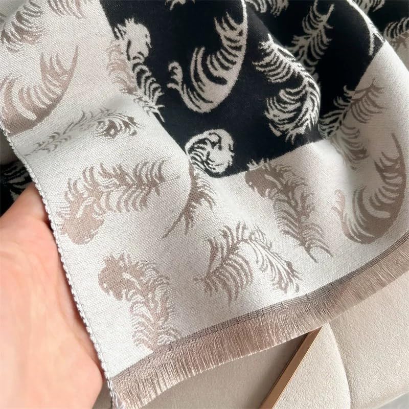 stylesilove Women Black Elegant Feather Print Cashmere Scarf Warm Ultra Soft Fringe Scarves Shawl Neck Wraps for Autumn and Winter
