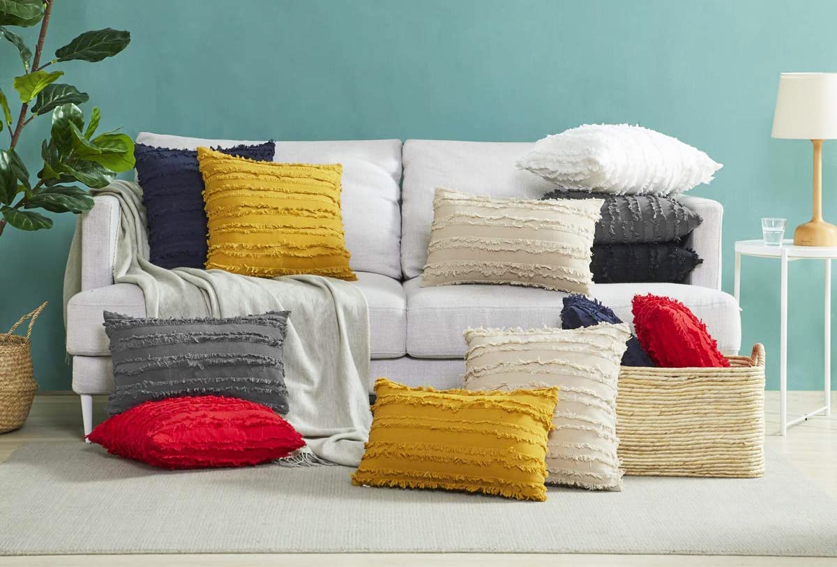 Fennco Styles Modern Fringe Stripe Cotton Decorative Throw Pillow Cover 17" W x 17" L - Cotton Cushion Case for Home, Farmhouse, Couch, Living Room, Bedroom and Office Décor