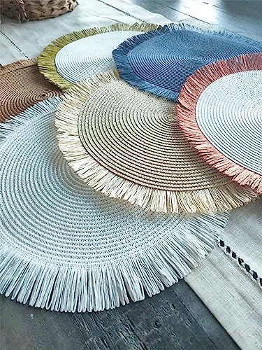Fennco Styles Handwoven Fringe Boho Placemats 15" Round - Natural Braided Texture Table Mats for Home, Dining Room, Banquets, Family Gathering and Special Occasion