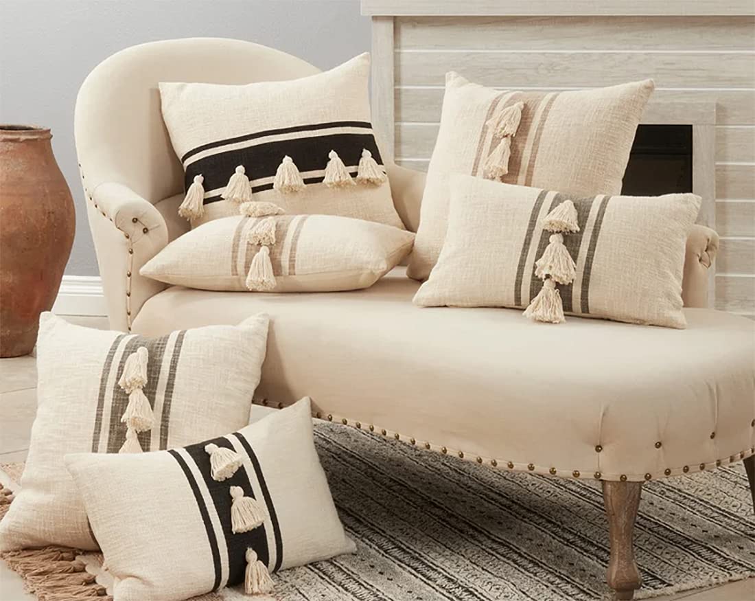Fennco Styles Woven Striped Tassel Decorative Cotton Throw Pillow - Textured Cushion for Home, Couch, Bedroom, Living Room and Office Décor