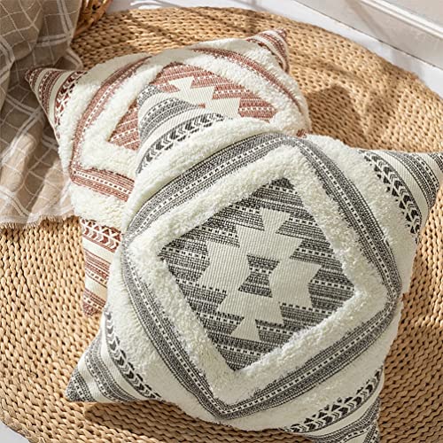 Fennco Styles Southwest Diamond Tufted Boho Decorative Throw Pillow Cover 20" W x 20" L - Black Block Print Woven Square Cushion Case for Home, Couch, Living Room, Bedroom, Office and Holiday Décor
