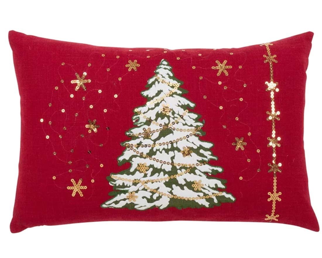 Fennco Styles Christmas Tree Design with LED Light Decorative Throw Pillow Cover 13 x 20 Inch - Red Pillow Case for Holiday Décor, Couch, Living Room and Bedroom Décor