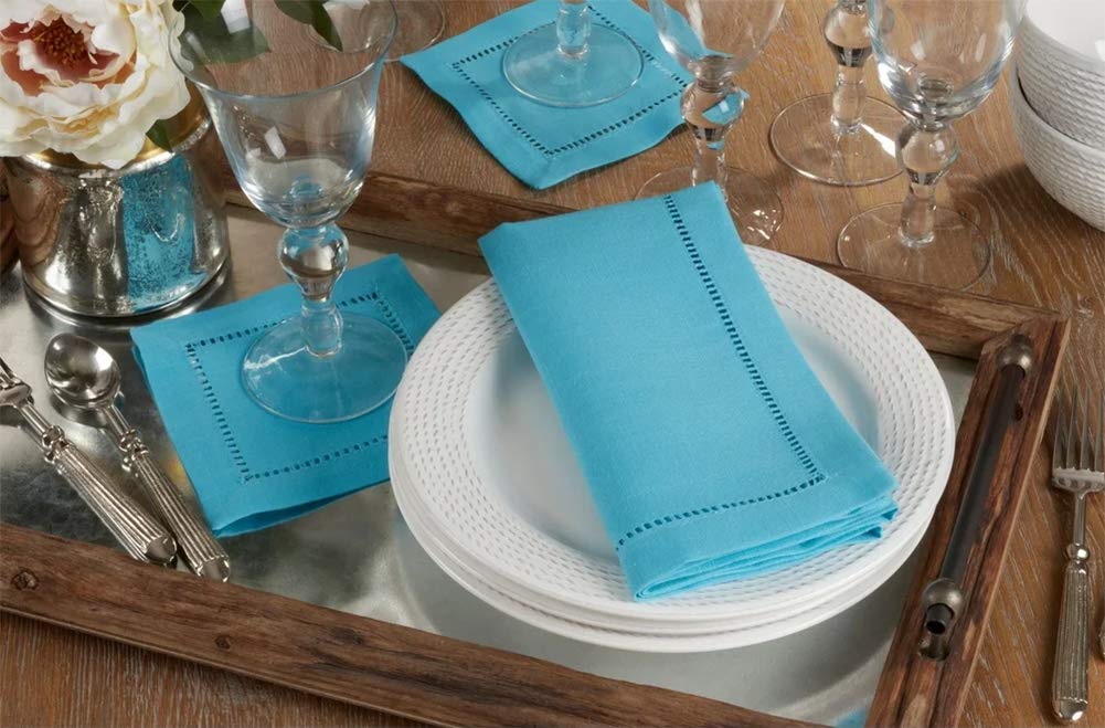 Fennco Styles Classic Hemstitch Design 22 Inch Square Table Dinner Cloth Napkins, Set of 4 – Turquoise Table Cover for Home Décor, Dining Table, Banquets, Holidays and Special Occasions