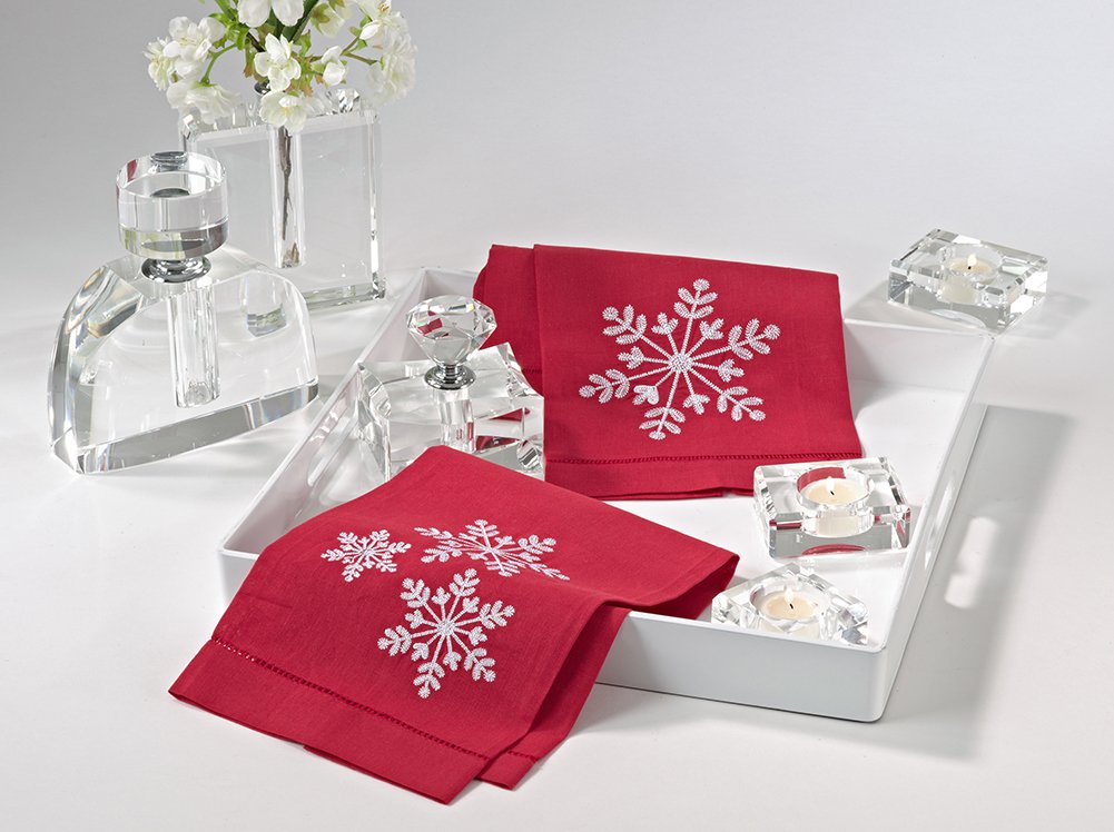 Fennco Styles Embroidered Snowflake Hemstitched Linen Cotton Guest Towel 14"x22" - Set of 4