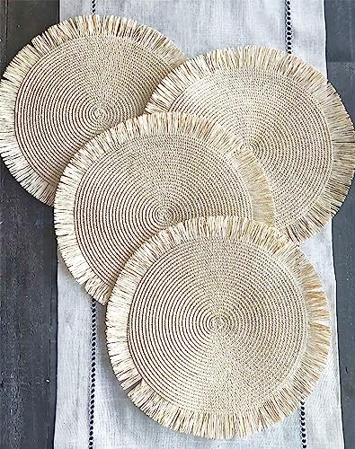 Fennco Styles Handwoven Fringe Boho Placemats 15" Round - Natural Braided Texture Table Mats for Home, Dining Room, Banquets, Family Gathering and Special Occasion