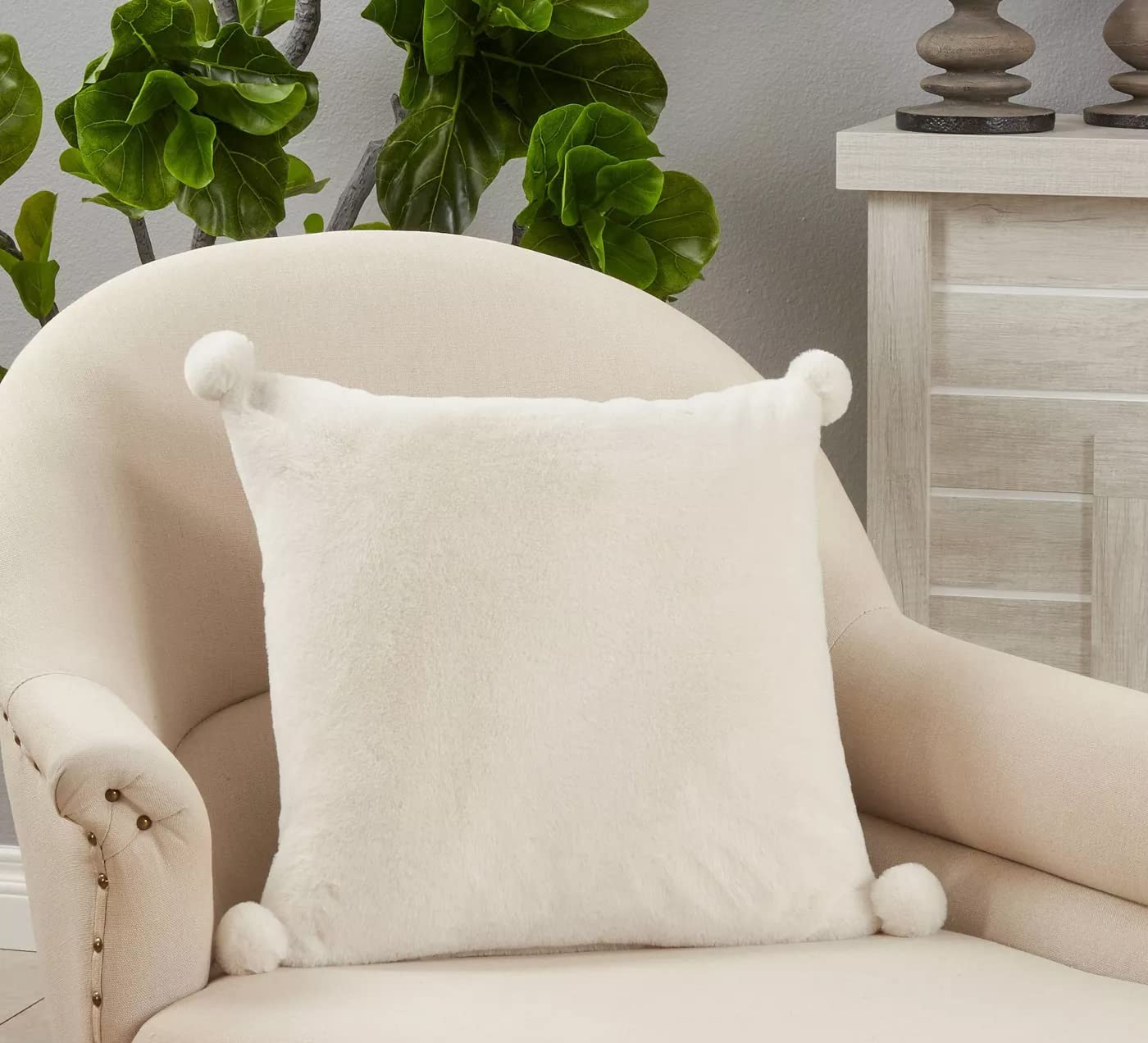 Fennco Styles Plush Faux Rabbit Fur Pom Pom Decorative Filled Throw Pillow 18" W x 18" L – Grey Cushion for Couch, Bedroom, Living Room and Office Décor