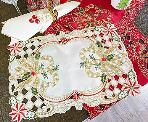 Fennco Styles Christmas Embroidered Holly Cloth Napkins 20" W x 20" L, Set of 4