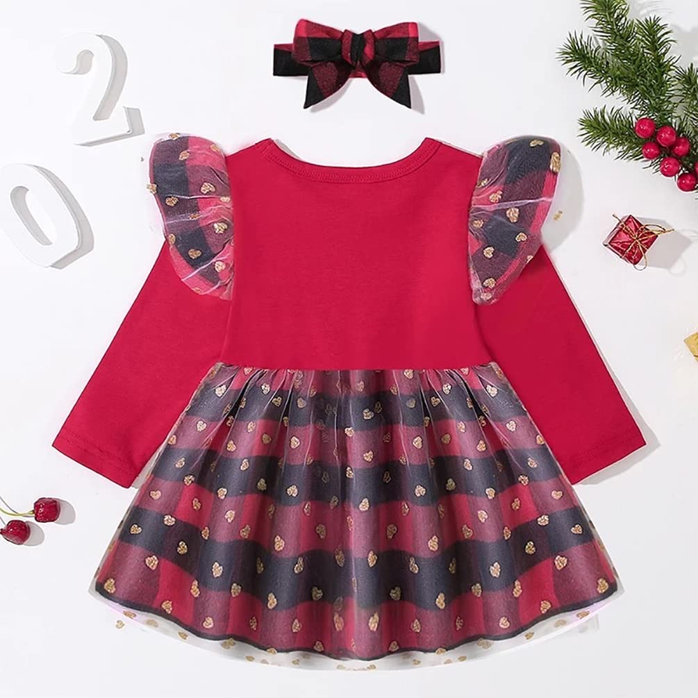 stylesilove Infant Baby Girls Long Sleeve Valentine's Day Glitter Love Heart Tulle Plaid Ruffle Dress & Headband 2pcs Outfit