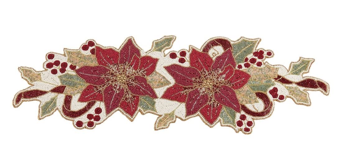 Fennco Styles Hand Beaded Poinsettia Christmas Table Runner 13" W x 36" L - Red & Green Festive Table Cover for Home Décor, Holidays, Family Gatherings, Banquets and Special Occasion