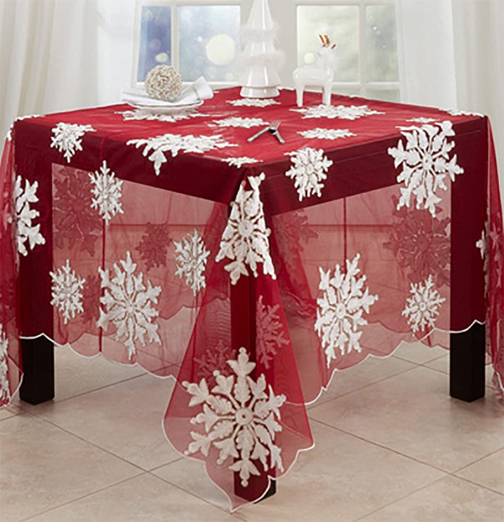 Fennco Styles Du Froid Collection Christmas Embroidery Beaded Snowflake 54 x 54 Inch Tablecloth – Red Table Cover for Holiday Dinner, Family Gathering, Special Events, Home Décor