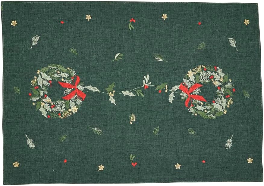 Fennco Styles Embroidered Wreath Christmas Placemats 14" X 20", Set of 4 - Green Festive Table Mats for Winter Holidays Décor, Banquet, Family Gathering, and Special Occasions
