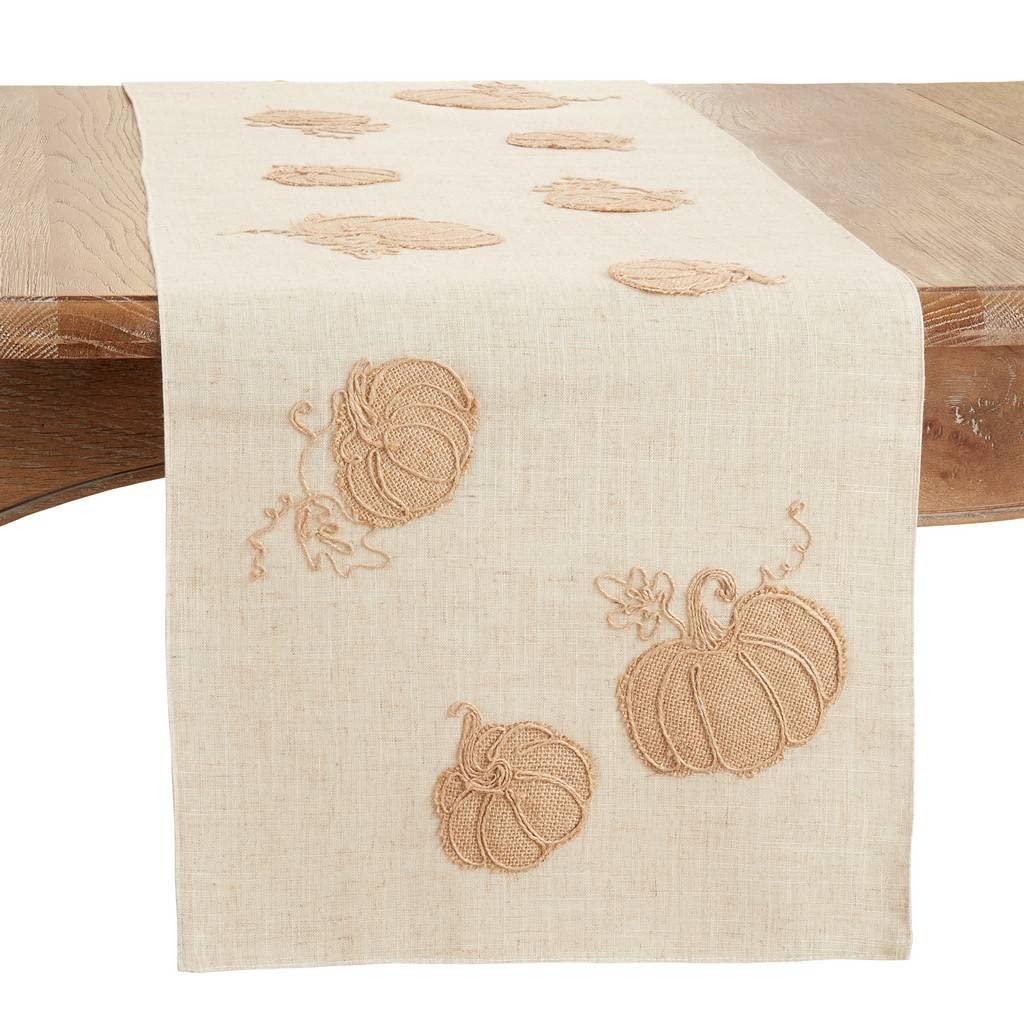 Fennco Styles Harvest Pumpkins Linen Blend Table Runner 16" W X 70" L - Natural Holiday Table Cover for Home Décor, Thanksgiving, Banquets, Family Gatherings and Special Occasions