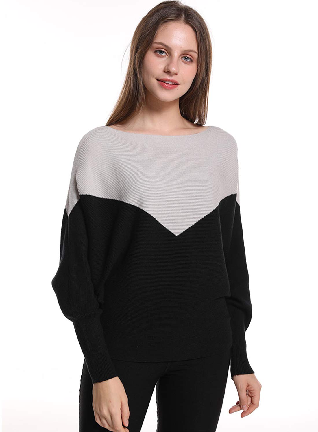 Styles I Love Women Autumn Winter Two-Tone Boat Neck Batwing Sleeve Pullover Knitted Sweater Long Sleeve Loose Top
