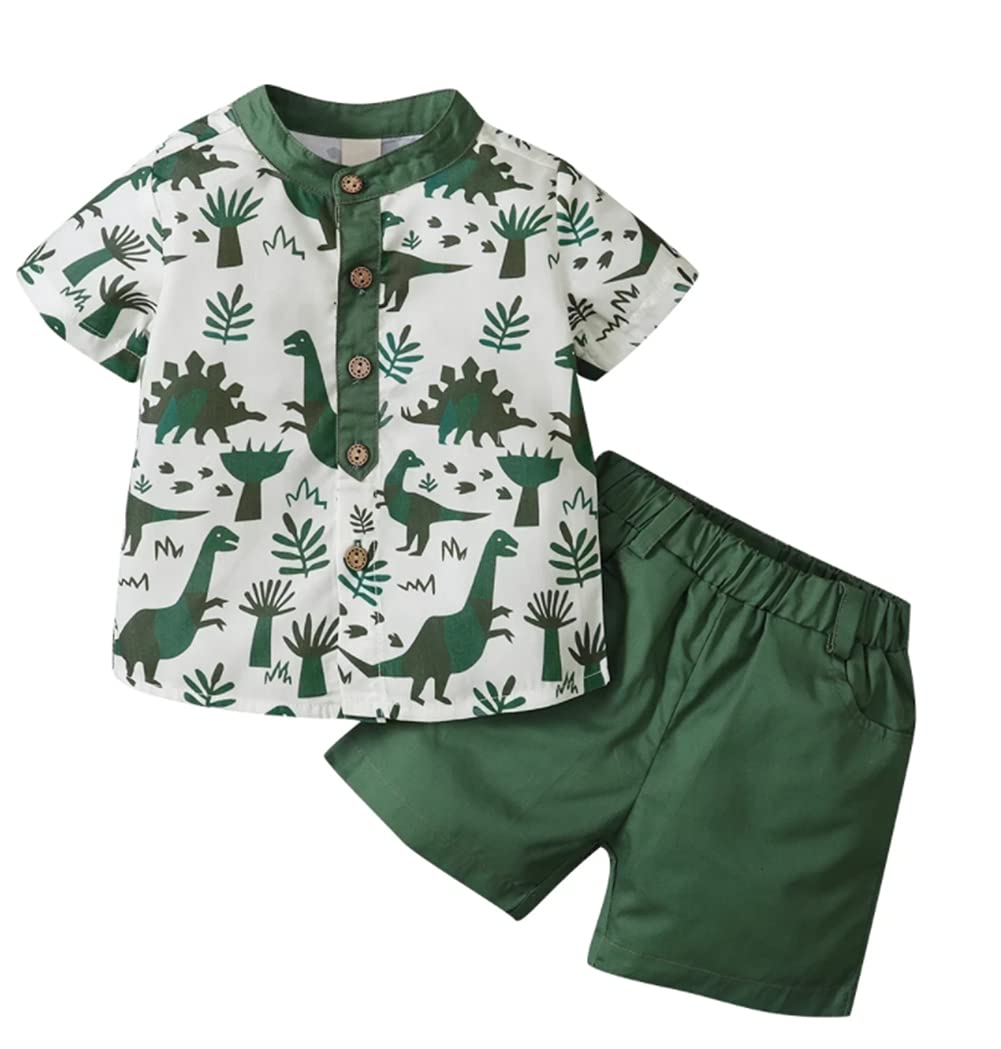 Styles I Love Toddler Little Boys Green Dinosaurs Printed Henley Shirt and Shorts 2pcs Short Sleeve Outfit Summer Clothes