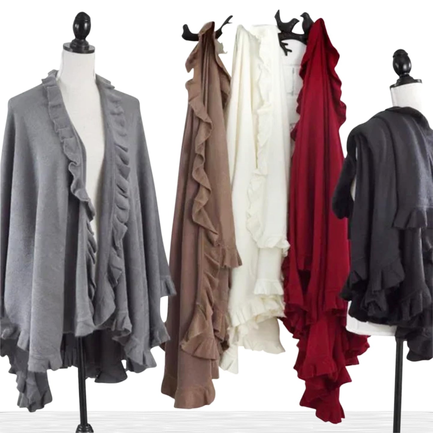 Fennco Styles Women's Ruffle Trim Knit Open Front Poncho Cape Shawl - Fall Wrap Jacket, Cozy and Stylish Layering Piece