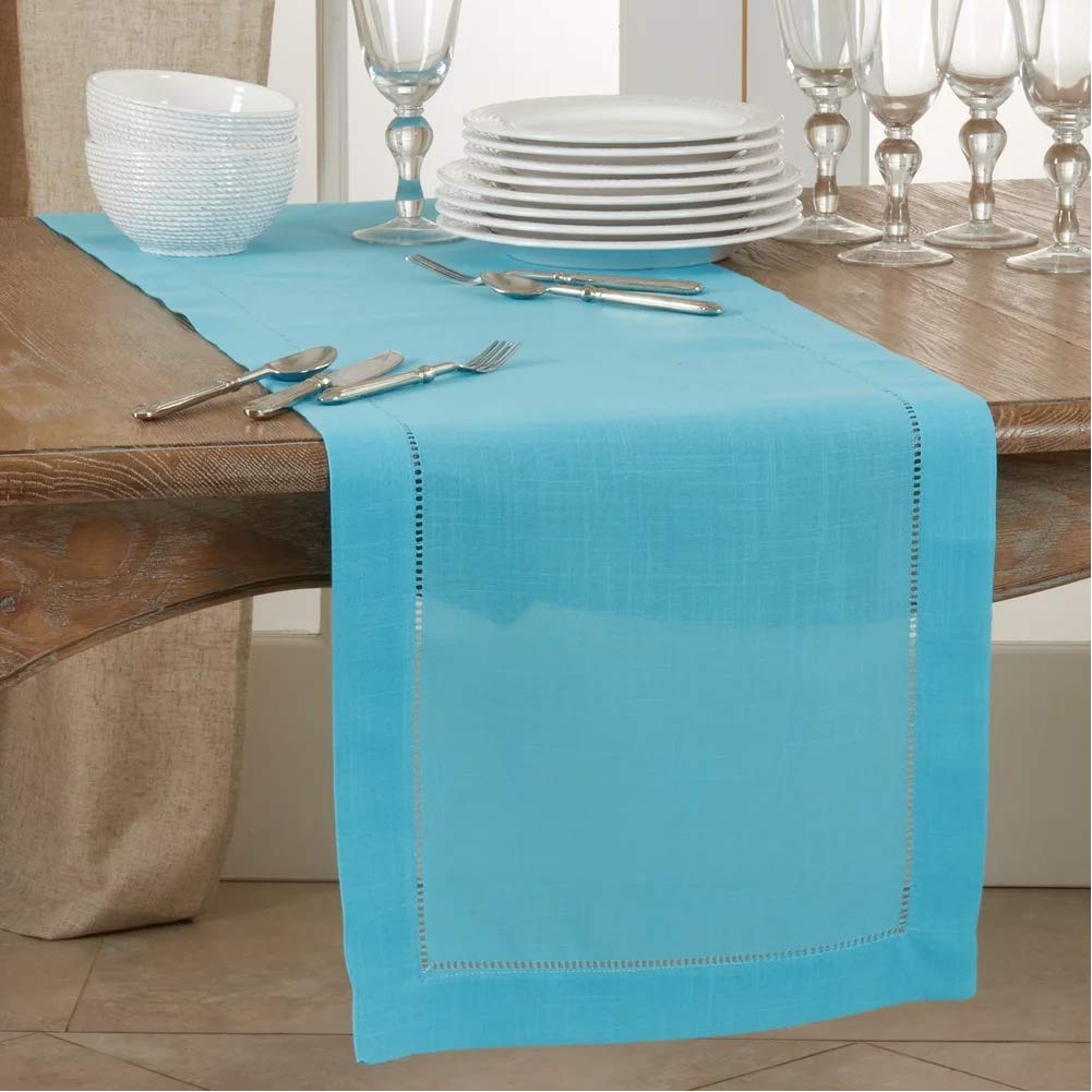 Fennco Styles Classic Hemstitch Design Rectangular Table Runner – 16" W x 120" L Turquoise Table Cover for Home Décor, Dining Table, Banquets, Holidays and Special Occasions
