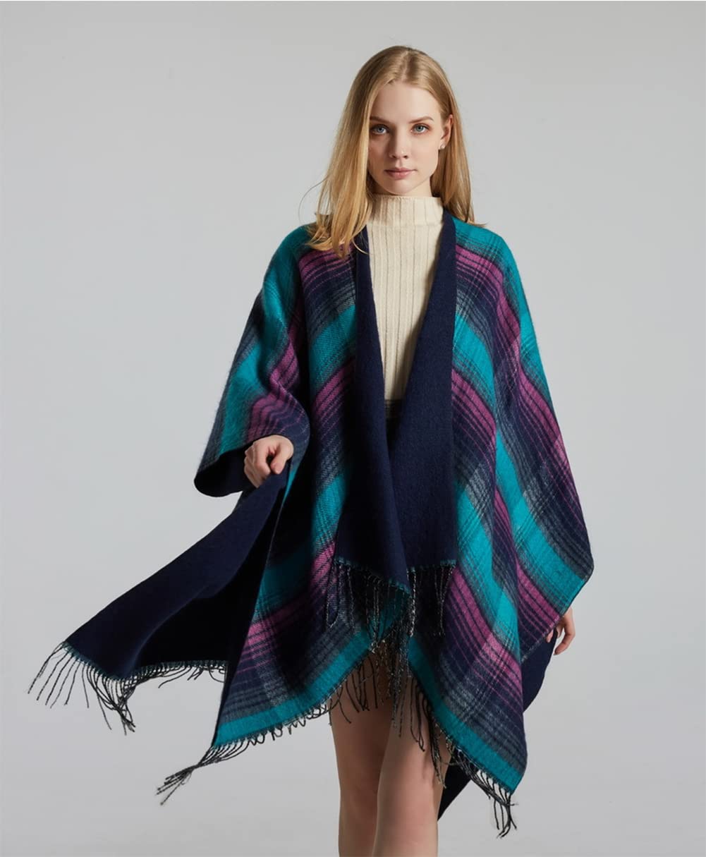 stylesilove Women Reversible Plaid Fringe Knitted Open Front Poncho Cape Oversized Cardigan Fall Winter Wrap Shawl