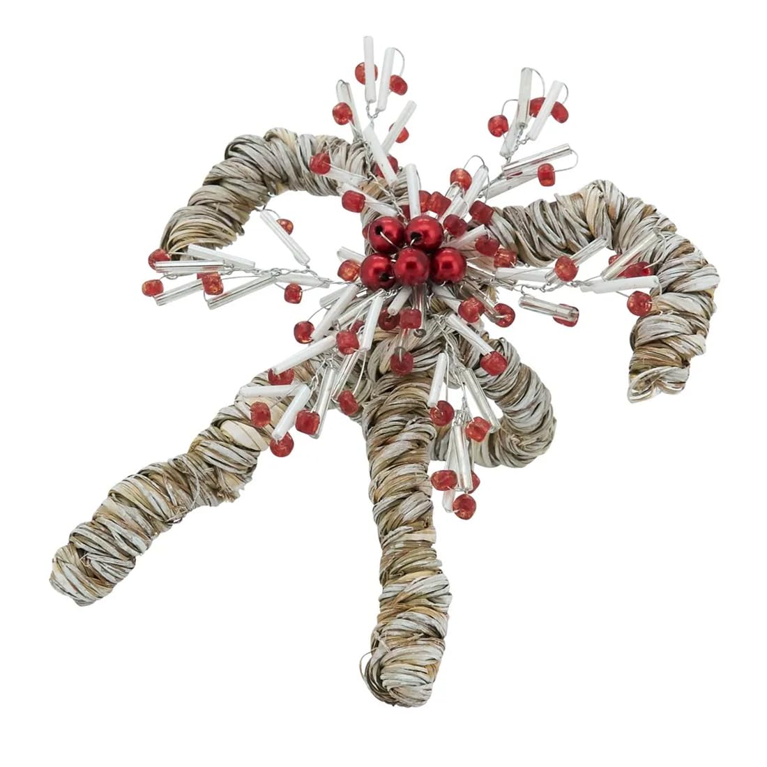 Fennco Styles Seagrass Candy Cane Christmas Napkin Rings, Set of 4 - Red & White Glass Beads Napkin Holders for Dining Table, Banquet, Family Gathering, Holiday Décor and Special Occasion