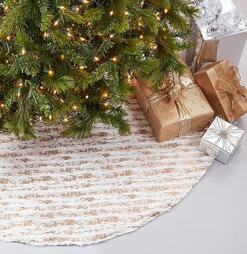 Fennco Styles Holiday Foil Print Faux Fur Christmas Tree Skirt 60 Inch Round - Silver Metallic Design Tree Skirt for Home, Holiday Tree, Indoor and Special Occasion