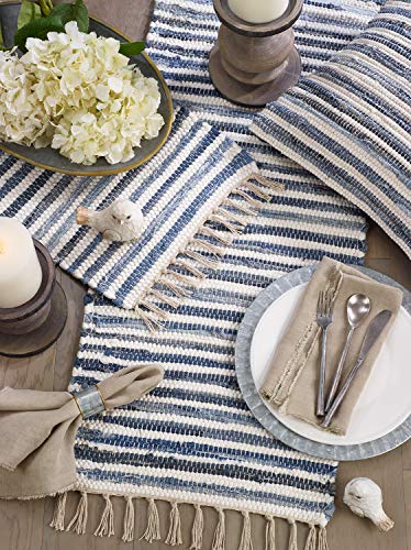 Fennco Styles Gênes Collection Bohemian Tasseled Chindi 100% Pure Cotton 18 x 18 Inch Throw Pillow with Case & Insert – Denim Accent Pillow for Couch, Bedroom and Living Room Décor