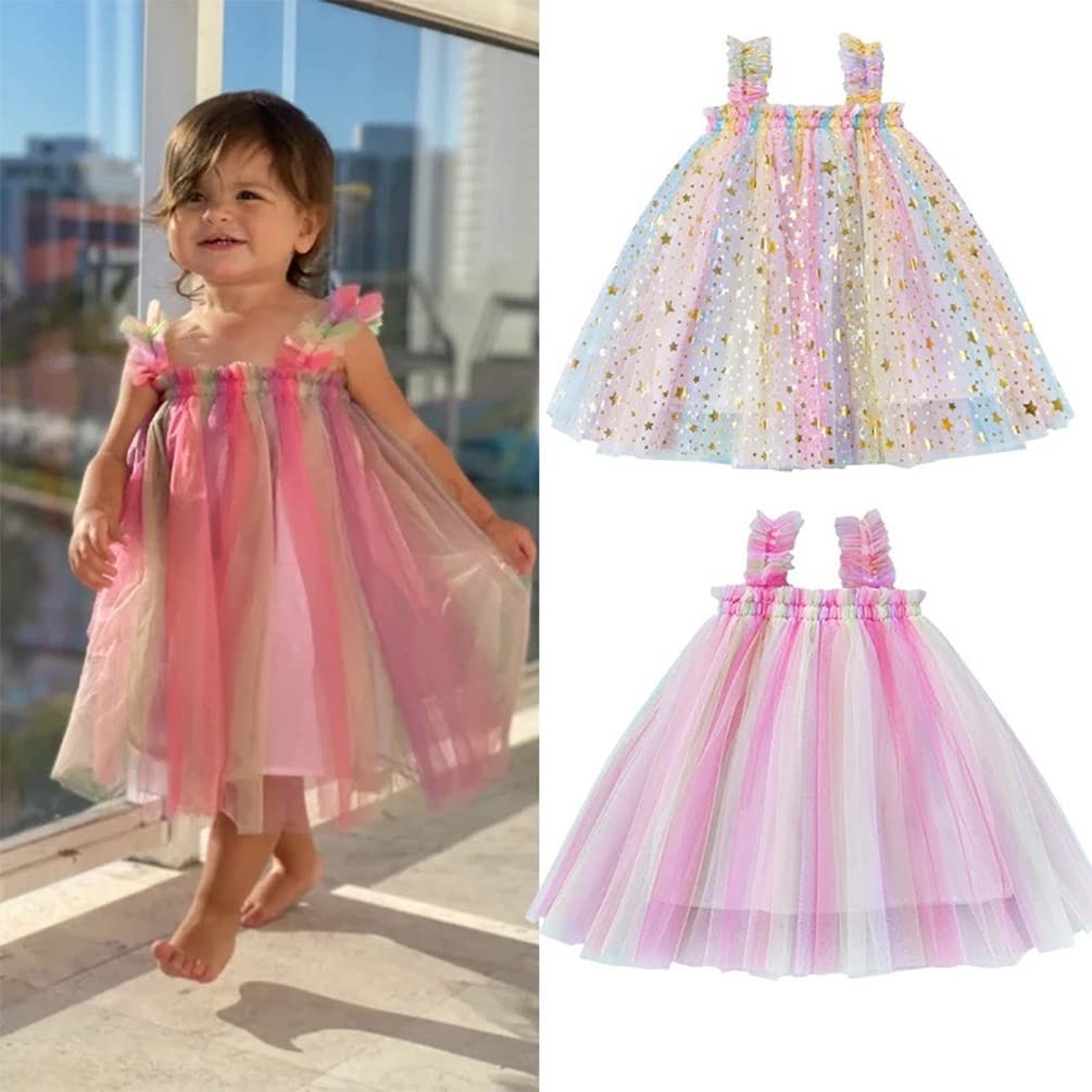 stylesilove Baby Toddler Girls Sleeveless Rainbow Mesh Tulle Star Tutu Dress Birthday Wedding Party Sundress Outfit