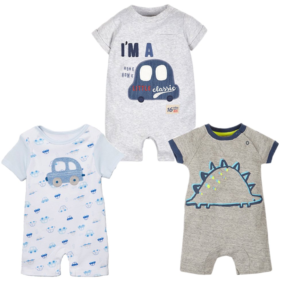 stylesilove Baby Boy Dinosaur Short Sleeve Grey Romper Cotton Graphic Print Jumpsuit Casual Summer Outfit