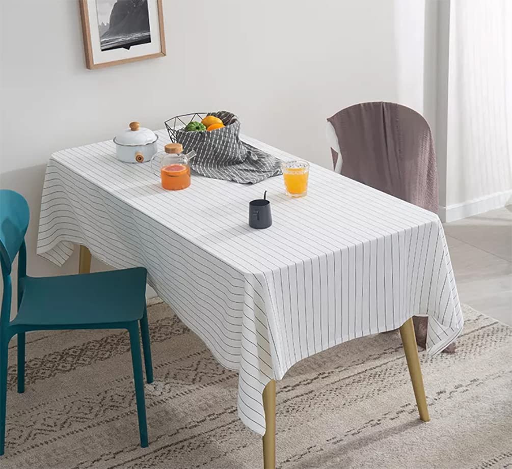 Fennco Styles Casual Pinstripe Cotton Tablecloth 55" W x 55" L - White Striped Rectangle Table Cover for Everyday Use, Home, Dining Room Décor, Banquets, Family Gathering and Special Occasions