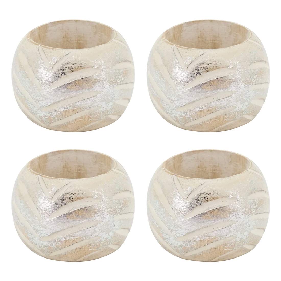 Fennco Styles Distressed Foil Print Design Wood Napkin Rings, Set of 4 - Silver Decorative Napkin Holders for Home, Dining Room, Banquet, Family Gathering, Holiday and Special Occasion