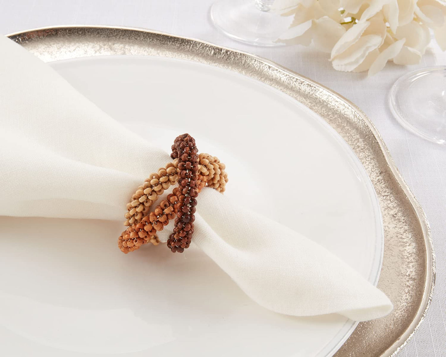 Fennco Styles Handmade Beaded Interlock Design Napkin Rings, Set of 4 - Natural Wooden Beads Napkin Holders for Home Décor, Family Dinner, Banquets and Special Events