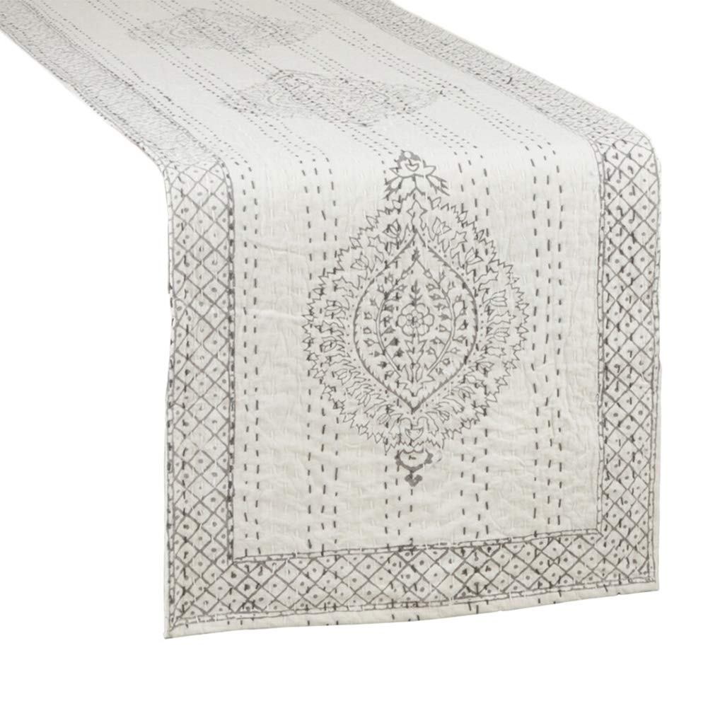 Fennco Styles Unique Taj Kantha Stitch Cotton Table Runner 14 x 72 Inch – Grey Ivory Table Cover for Home Décor, Dining Table, Banquets, Holidays and Special Events