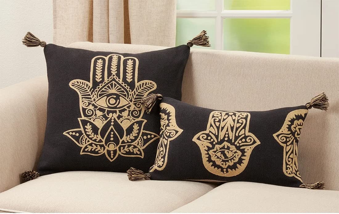Fennco Styles Hamsa Hand Embroidered Tassel Cotton Decorative Throw Pillow 20" W x 20" L – Black Square Cushion for Home, Couch, Sofa, Bedroom, Office Décor and Special Occasion