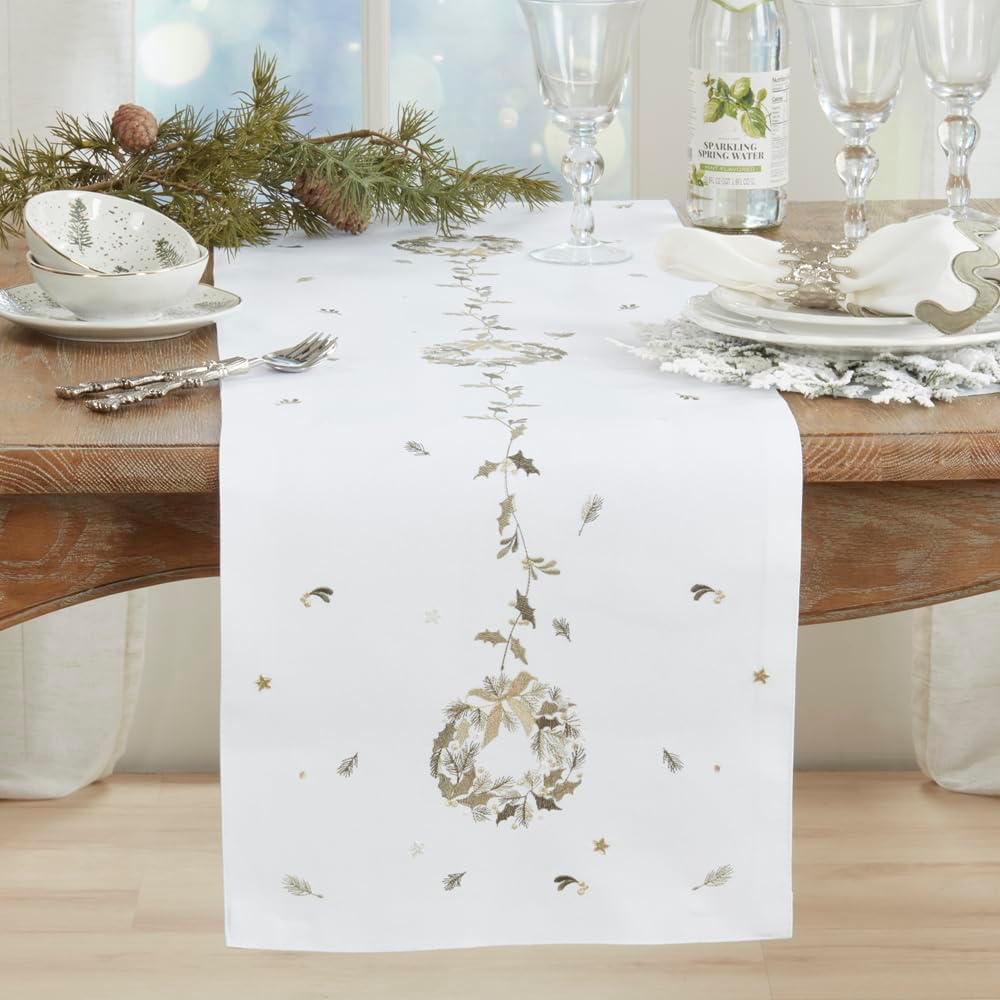 Fennco Styles Embroidered Wreath Christmas Table Runner 16" X 70" - White Festive Table Cover for Winter Holidays Décor, Dining Table, Banquet, Family Gathering, and Special Occasions