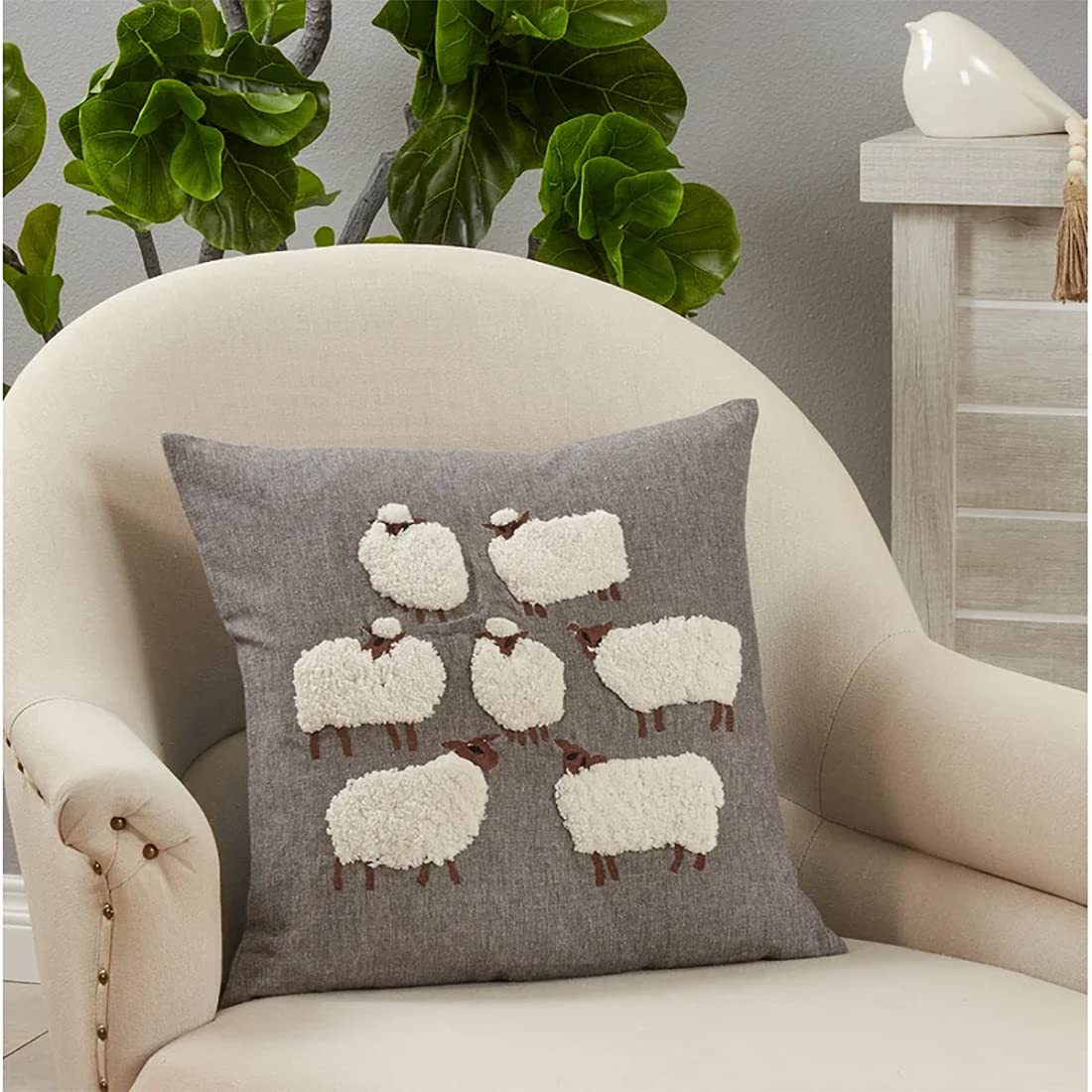Fennco Styles Embroidered Sheep Cotton Decorative Throw Pillow 18" W x 18" L - Grey Animal Cushion for Home, Couch, Living Room and Office Décor (Natural, Pillow Cover)