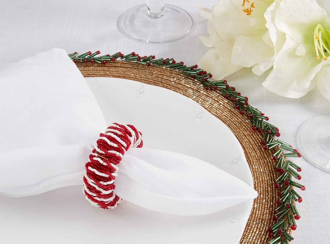 Fennco Styles Hand Beaded Decorative Napkin Rings, Set of 4 - Silver Glass Beads Napkin Holders for Home, Dining Table, Banquet, Christmas, Holiday Décor and Special Occasion