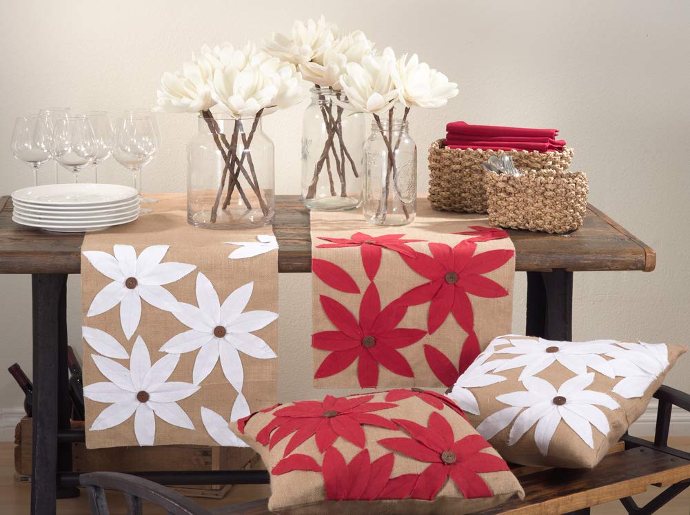 Fennco Styles Poinsettia Holiday Flower Design Cotton Jute Throw Pillow 18"W x 18"L - Natural Cushion for Couch, Living Room, Christmas and Office Decor