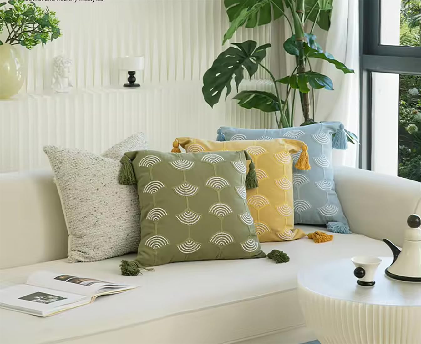 Fennco Styles Hand Beaded Embroidery Ginkgo Leaf Throw Pillow Cover with Tassel 18" W x 18" L - Green Leaves Cotton Cushion Case for Home, Couch, Living Room, Bedroom and Office Décor