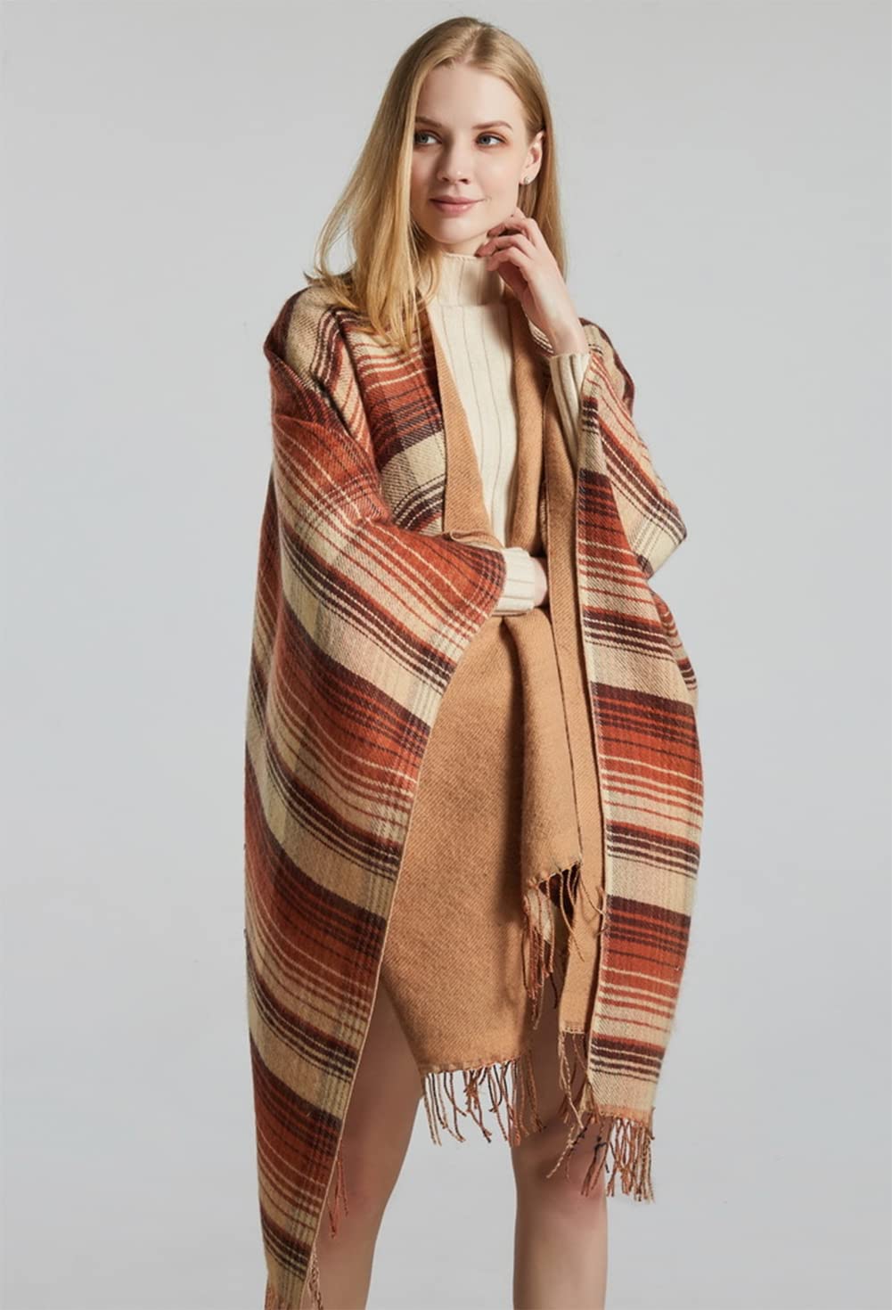 stylesilove Women Reversible Plaid Fringe Knitted Open Front Poncho Cape Oversized Cardigan Fall Winter Wrap Shawl