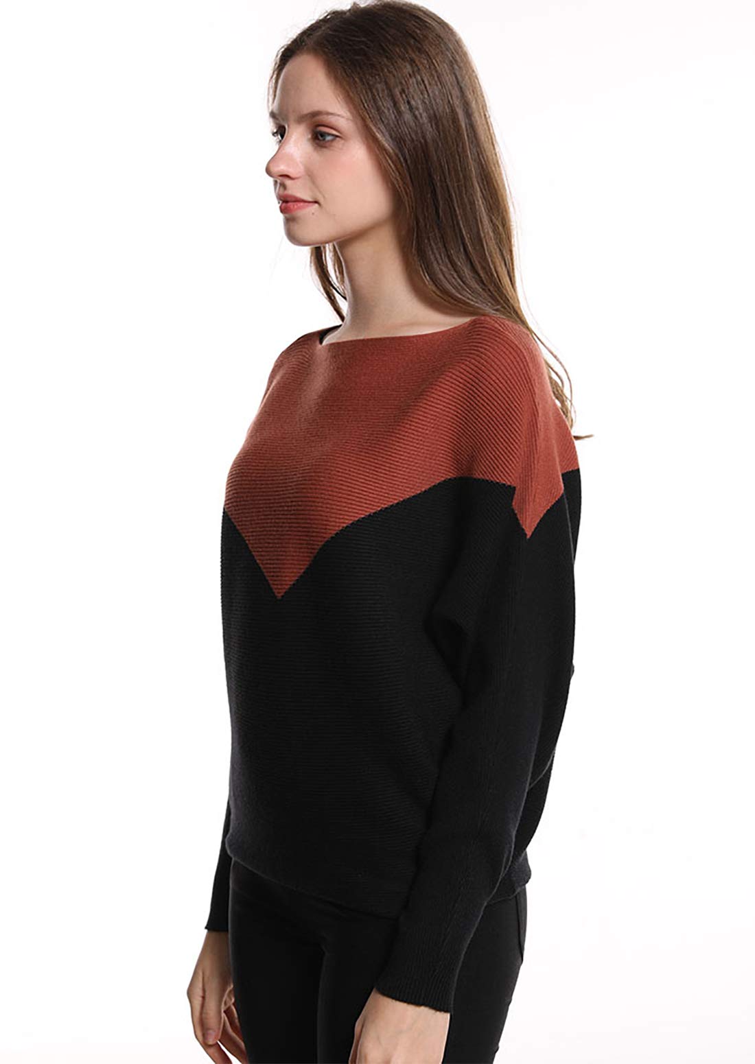 Styles I Love Women Autumn Winter Two-Tone Boat Neck Batwing Sleeve Pullover Knitted Sweater Long Sleeve Loose Top