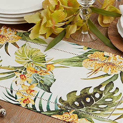 Fennco Styles Tropical Flower Hemstitch Table Runner 16" W x 72" L - Multicolored Rectangular Table Cover for Home, Dining Table, Banquet, Family Gathering