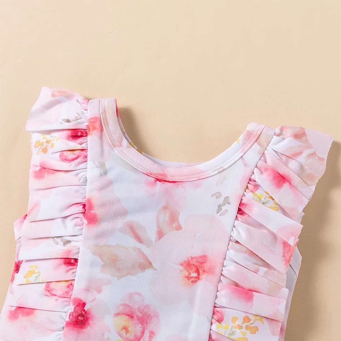 stylesilove Baby Toddler Girls Watercolor Floral Print Ruffled One-Piece Swimsuit & Headband Pink Bathing Suit Beach Swimwear