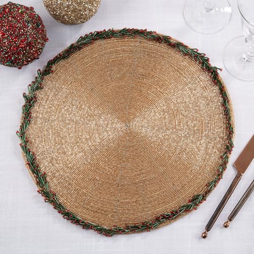 Fennco Styles Sparkly Beaded Wreath Border Holiday Placemat 15" Round, Set of 4 - Gold Glass Beads Table Mat for Home Décor, Family Gathering, Banquets, Christmas and Special Occasion