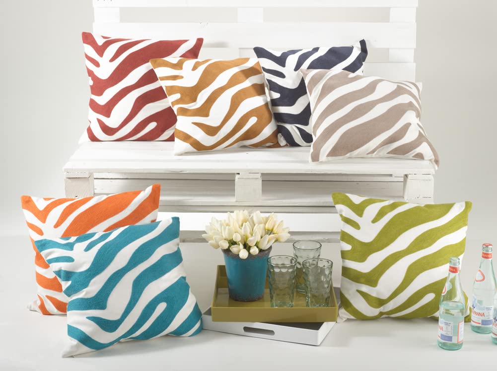 Fennco Styles Crewel Work Zebra Patterned Decorative Down Filled Cotton Throw Pillow 17" W X 17" L, 2 Colors