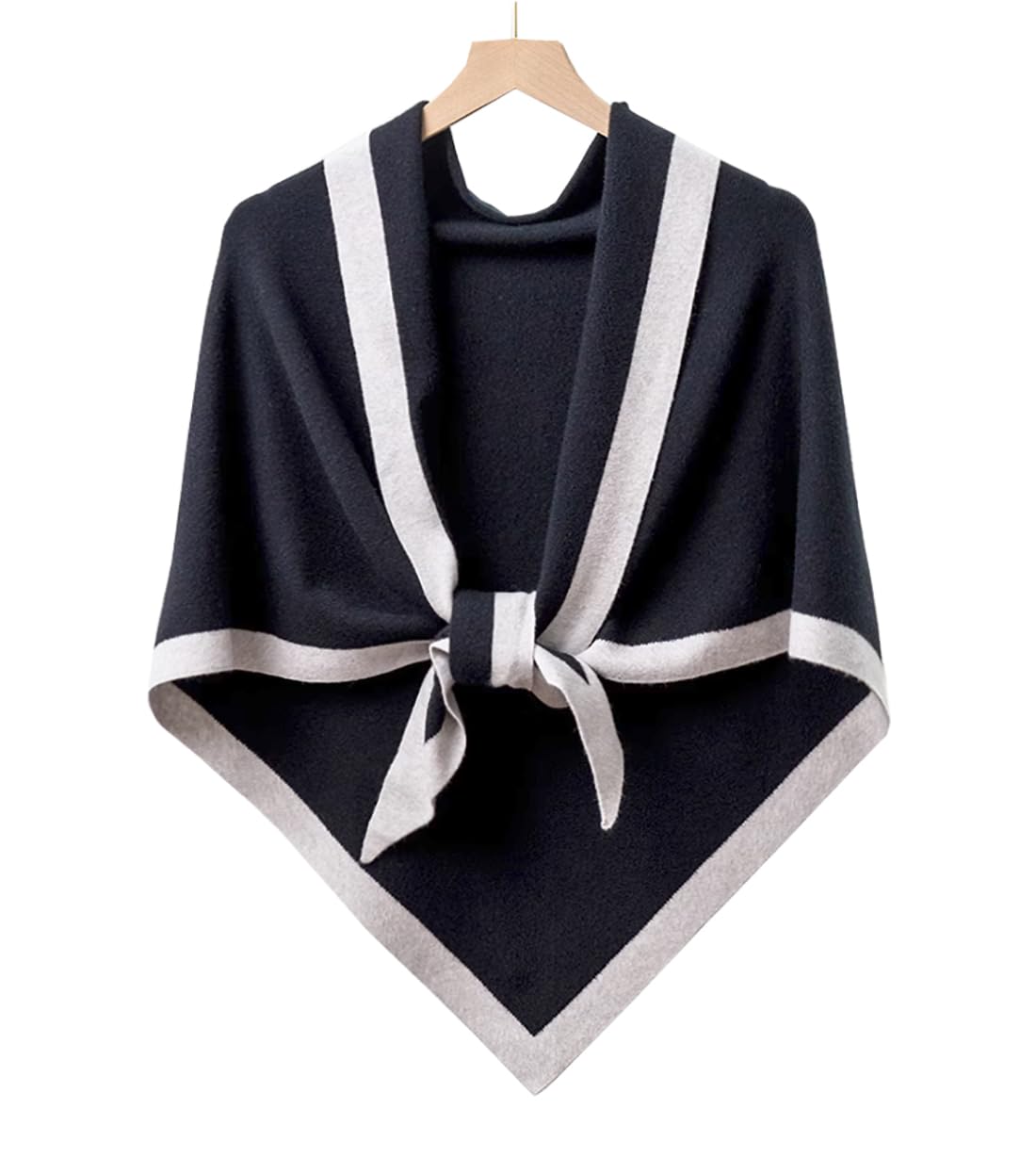 stylesilove Women Wool Blend Cashmere Knitted Solid Color Triangular Shawl with Contrast Border Lightweight Stole Wrap Scarf