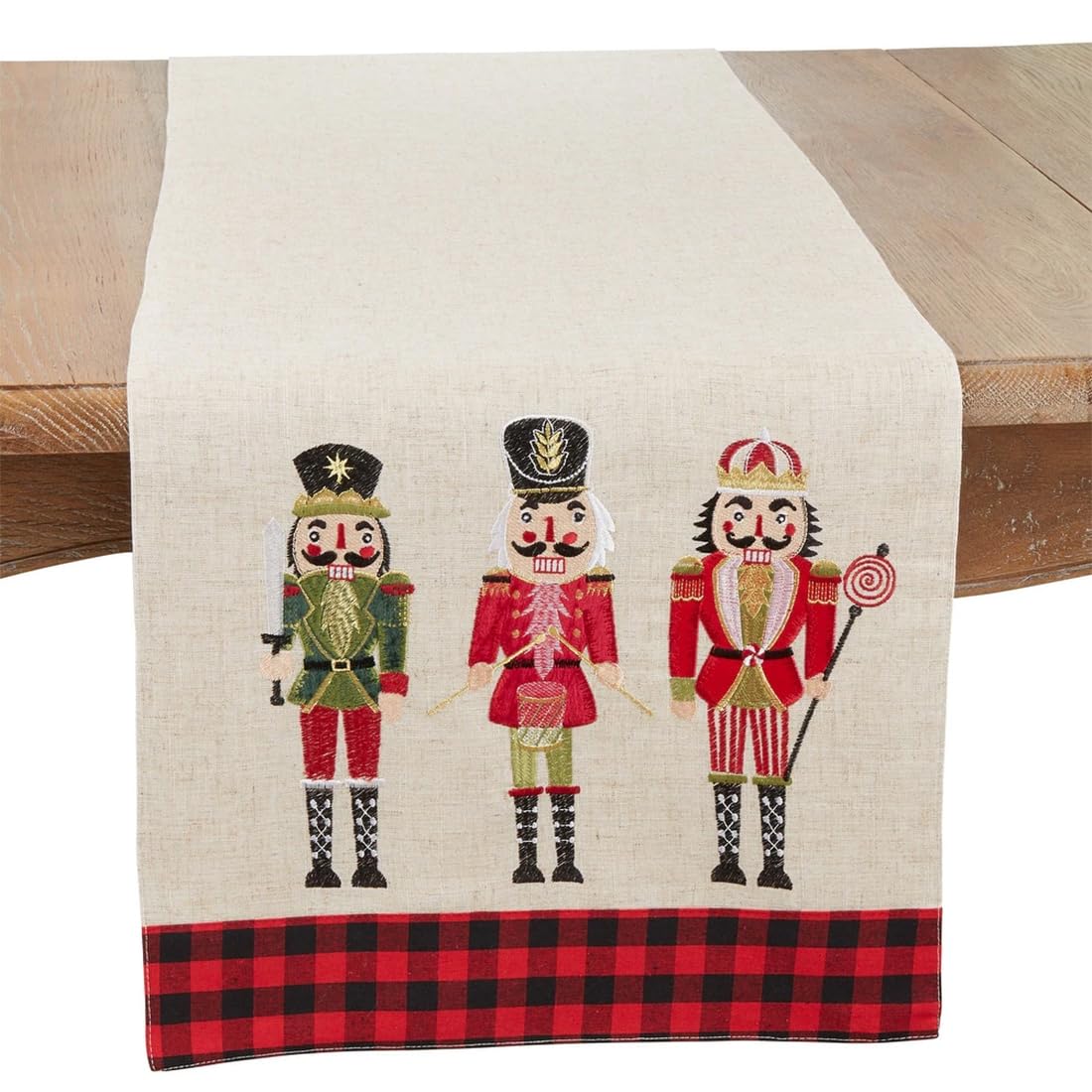 Fennco Styles Nutcracker Plaid Holiday Table Runner 16" W X 70" L - Natural Fun Soldier Design Festive Table Cover for Christmas Décor, Dining Room, Banquet, Family Gathering and Special Events